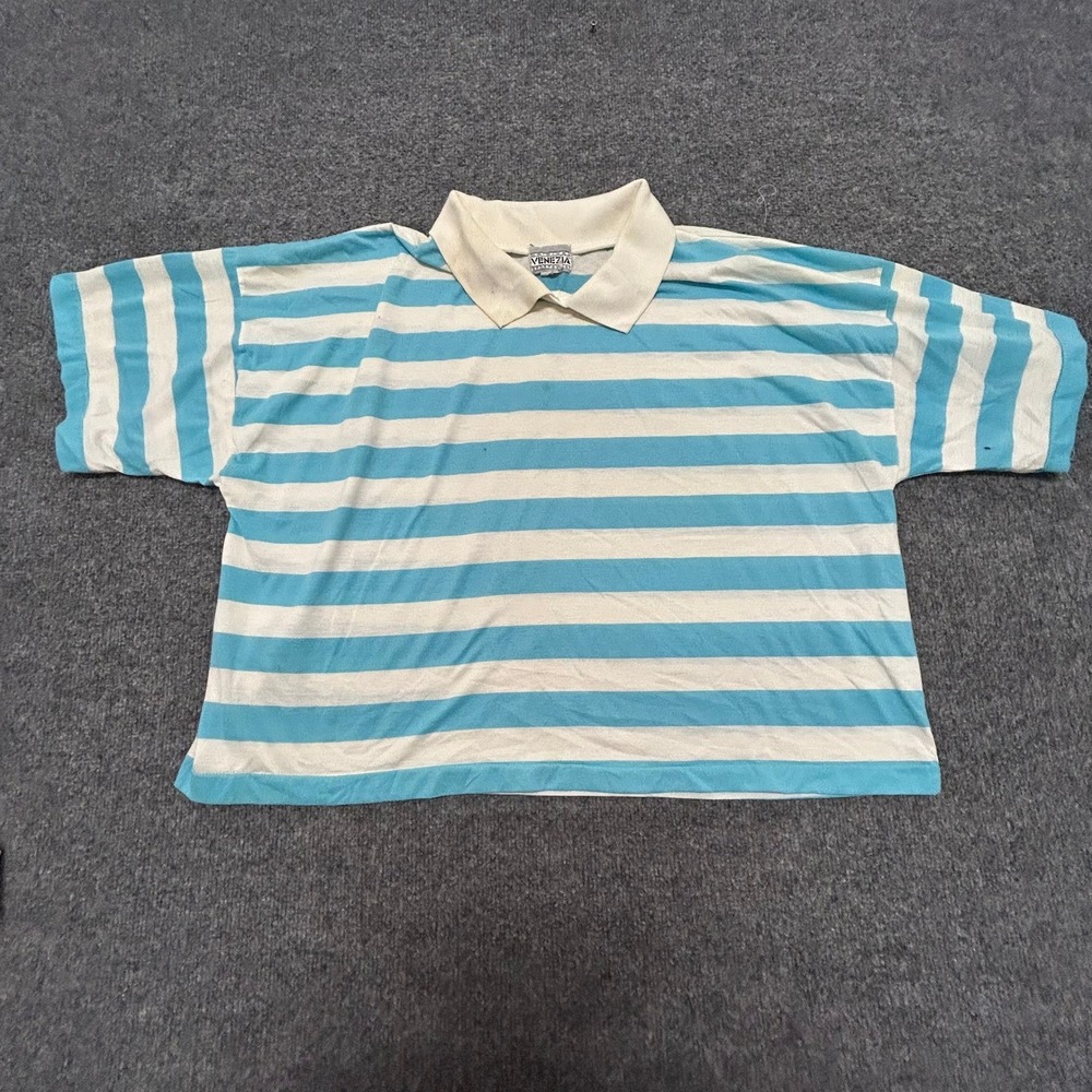 Venezia Polo Womens Size 18/20 Blue White Striped Boxy Fit Short Sleeve Vintage